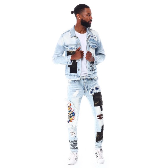 GFTD LA Los Angeles Men's Ezra Skinny Fit Embroidered Skull Distress Rip Jeans - Picture 2 of 6